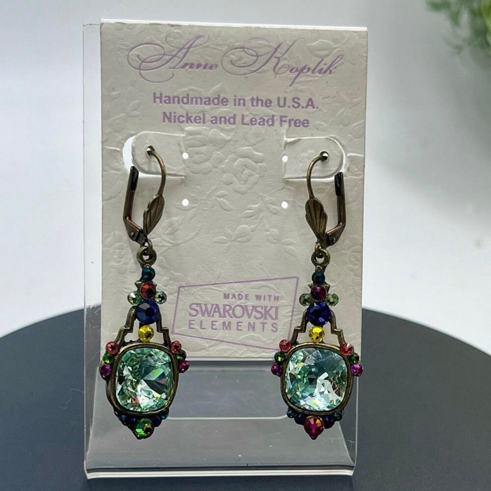Anne‎ Koplik Signed Cushion Cut Mint Swarovski Crystal Pierced Earrings New